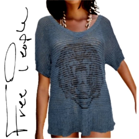 Free People Tops - We The Free People Blue Crochet Tiger Graphic Top size Small